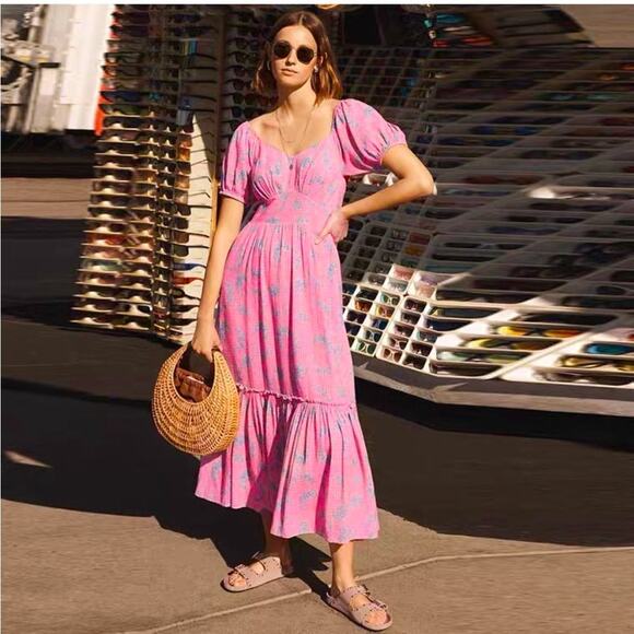 LOVESHACKFANCY CottageCore Angie Maxi Dress Puff Sleeve in Hot Pink Floral 4 S - Picture 13 of 14